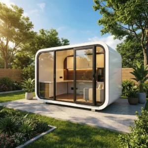 Exterior view of the Apple Cabin One 19m² prefab modular home, featuring a futuristic white rounded design with large glass sliding doors, set up as a luxury garden office studio.