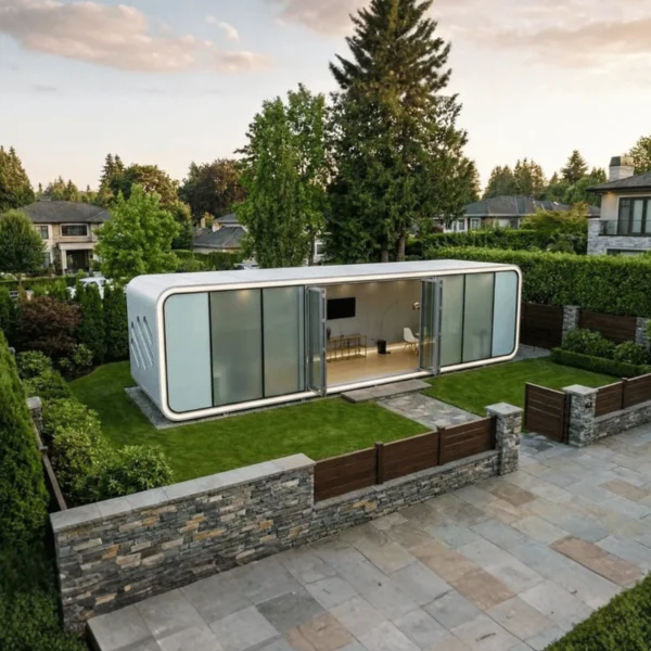 Exterior view of the Apple Cabin Three 38m² modular home, featuring a wide panoramic glass frontage and modern capsule design in a landscaped garden.