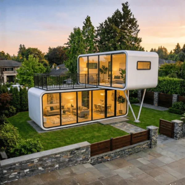 Exterior view of the Apple Cabin Two 28m² two-story modular home, featuring a second-floor balcony, floor-to-ceiling glass windows, and a modern white capsule design.