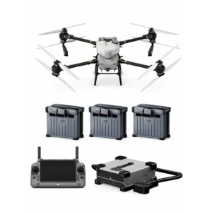 Full kit view of the DJI Agras T50 agricultural drone, including three DB1560 intelligent batteries and the RC Plus smart controller for continuous crop spraying.