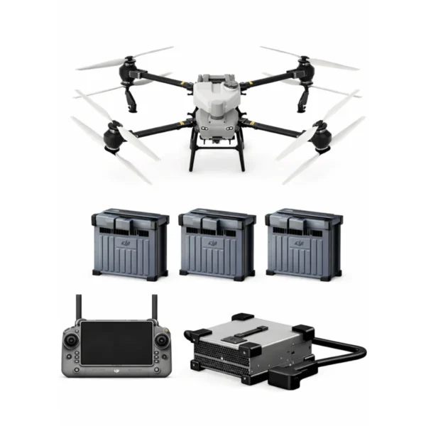 Full kit view of the DJI Agras T50 agricultural drone, including three DB1560 intelligent batteries and the RC Plus smart controller for continuous crop spraying.
