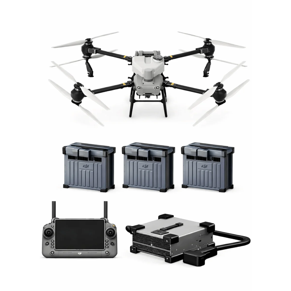 Full kit view of the DJI Agras T50 agricultural drone, including three DB1560 intelligent batteries and the RC Plus smart controller for continuous crop spraying.