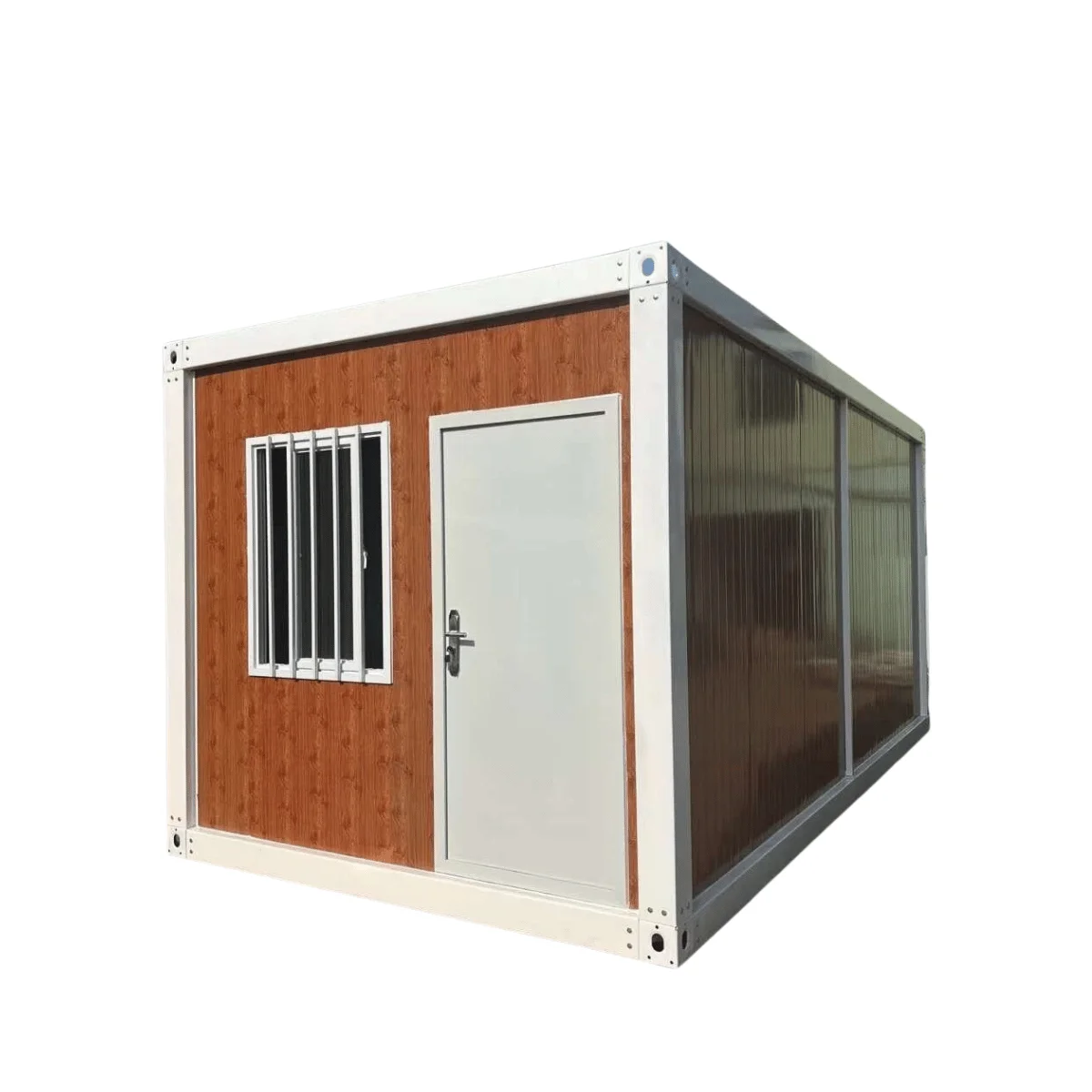 Exterior view of an 18m² modular housing unit with wood-grain siding, white steel frame, and a secure window, set up as a standalone garden cabin.
