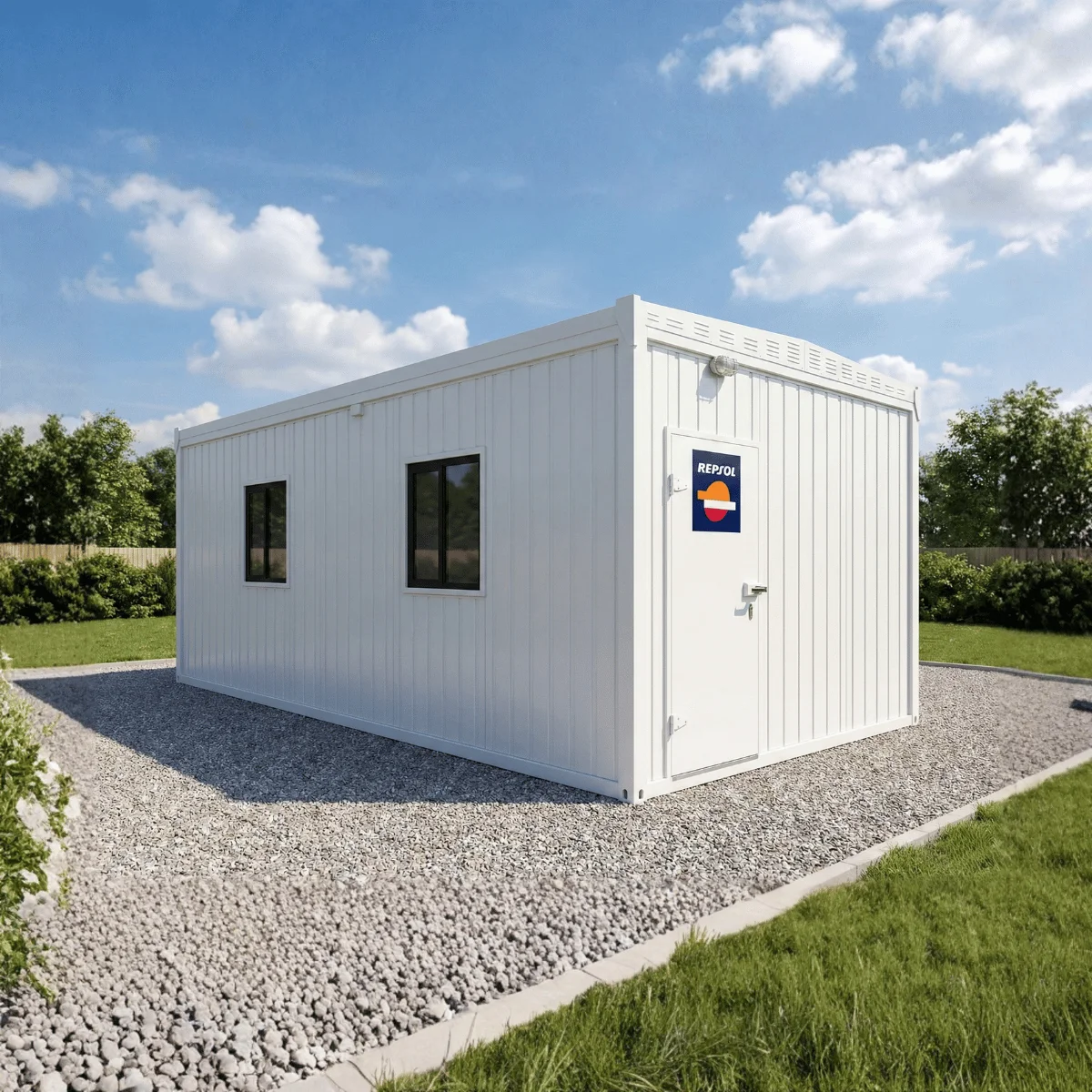Exterior view of the Portacamp 18m² white modular unit, featuring a durable steel structure and secure door, designed for use as an industrial site office or camp accommodation.