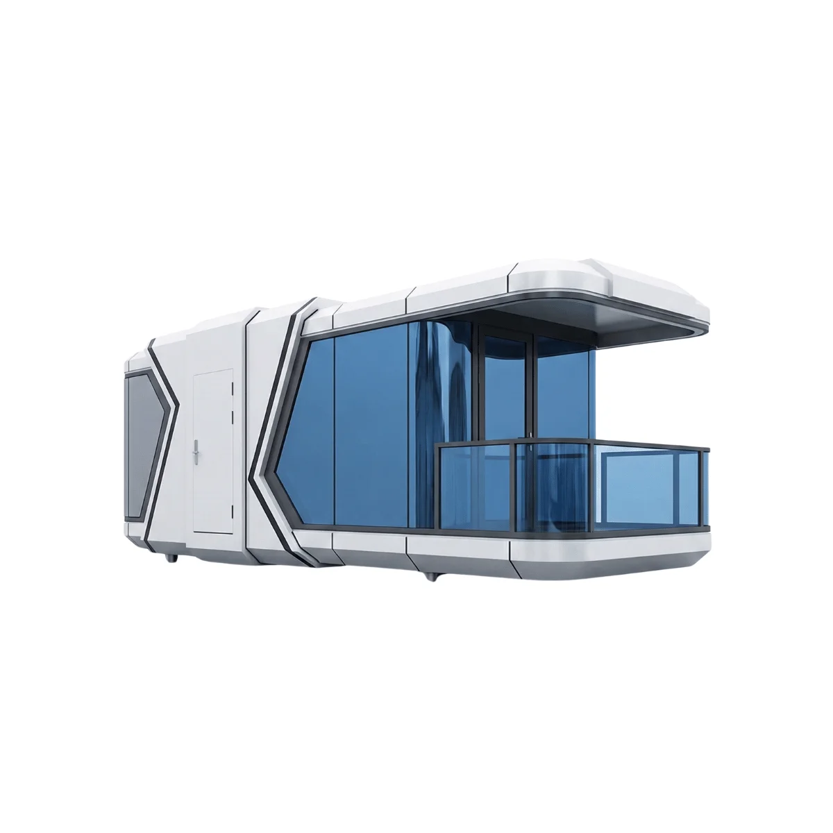 Exterior view of the Space Cabin K30 18m² prefab home, featuring a futuristic angular design, reflective glass facade, and a private front balcony, installed in a luxury garden.
