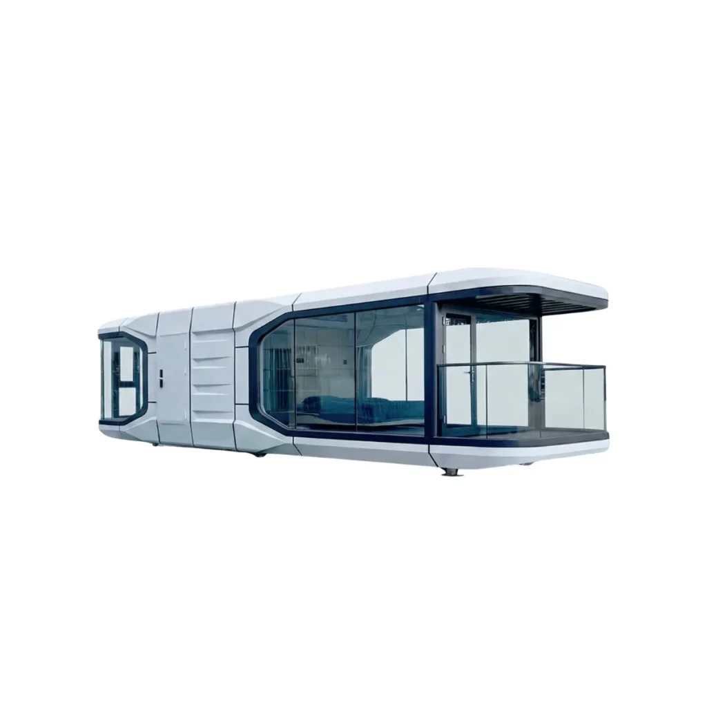 Exterior view of the Space Cabin K50 28m² luxury prefab home, featuring a spacious furnished balcony and panoramic glass walls, set poolside in a tropical resort.