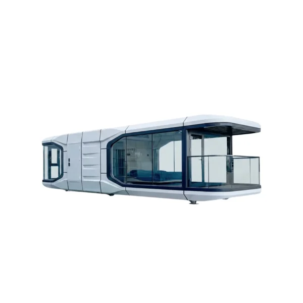 Exterior view of the Space Cabin K50 28m² luxury prefab home, featuring a spacious furnished balcony and panoramic glass walls, set poolside in a tropical resort.