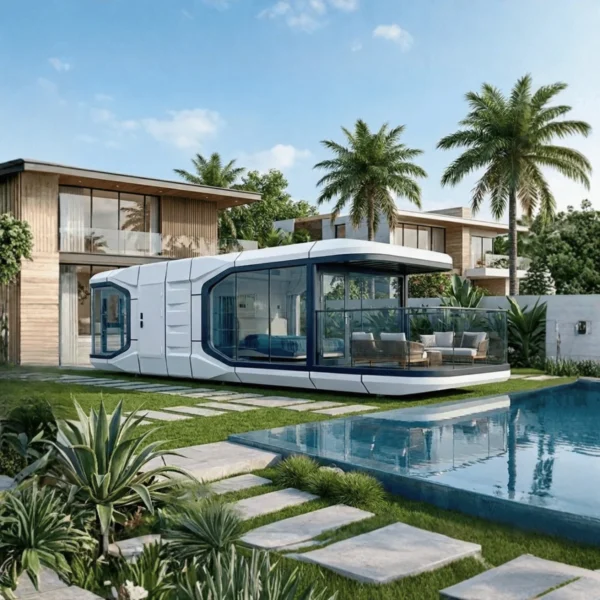 Exterior view of the Space Cabin K50 28m² luxury prefab home, featuring a spacious furnished balcony and panoramic glass walls, set poolside in a tropical resort.