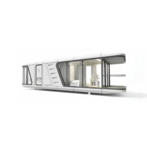 Side view of the Space Cabin K70 38m² modular villa, featuring an extended futuristic design with a large covered balcony and floor-to-ceiling glass walls.