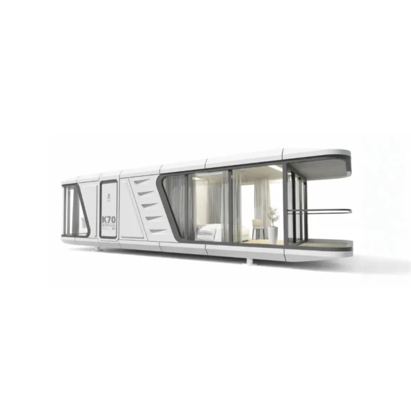 Side view of the Space Cabin K70 38m² modular villa, featuring an extended futuristic design with a large covered balcony and floor-to-ceiling glass walls.