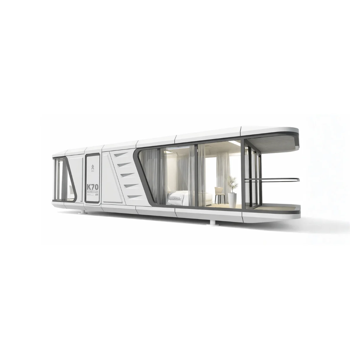Side view of the Space Cabin K70 38m² modular villa, featuring an extended futuristic design with a large covered balcony and floor-to-ceiling glass walls.