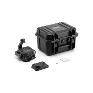 Studio shot of the DJI Zenmuse H30 multi-sensor payload kit, displaying the camera gimbal, rugged hard transport case, lens cover, and included accessories.