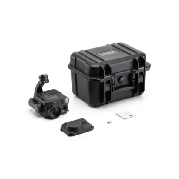 Studio shot of the DJI Zenmuse H30 multi-sensor payload kit, displaying the camera gimbal, rugged hard transport case, lens cover, and included accessories.