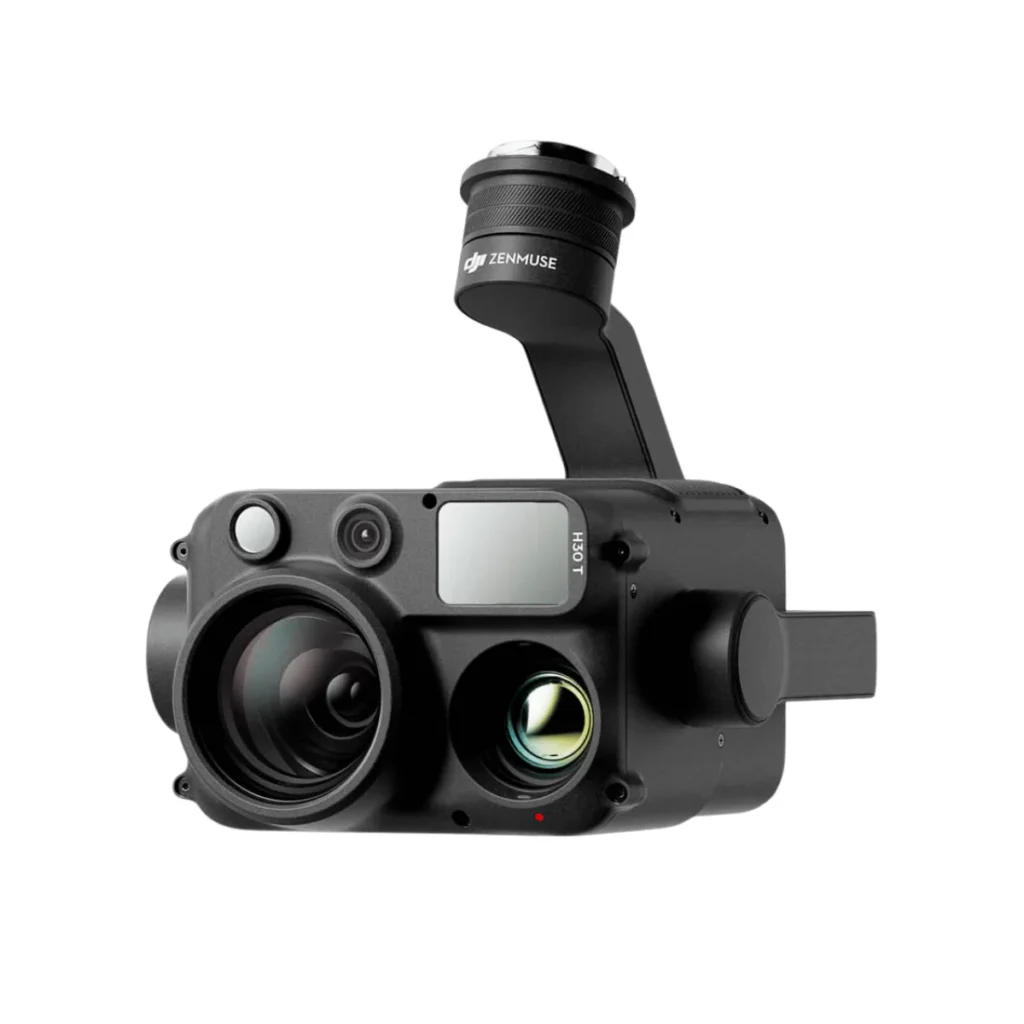 Close-up view of the DJI Zenmuse H30T drone payload, featuring a hybrid multi-sensor system with a high-resolution thermal camera and visual zoom lenses.