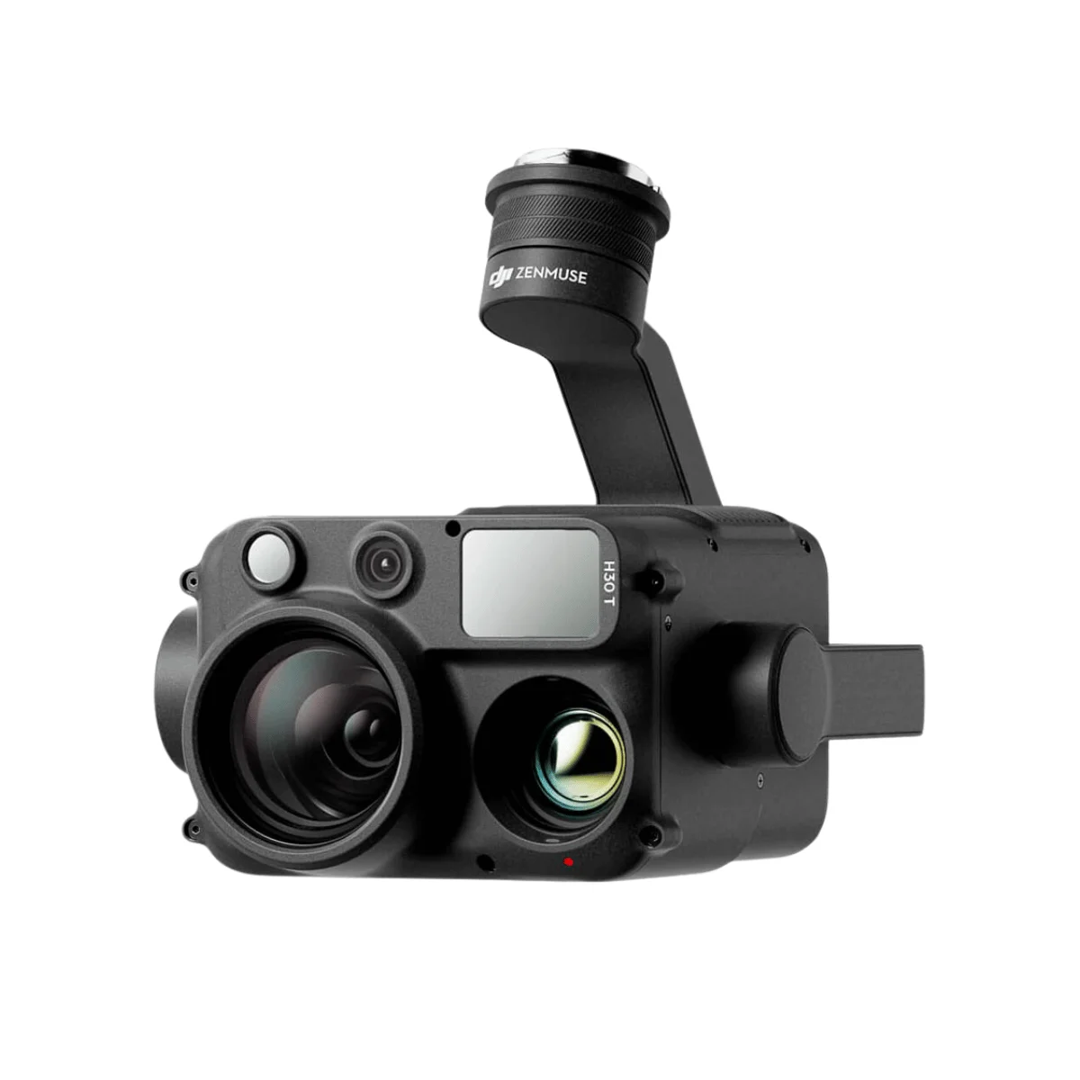Close-up view of the DJI Zenmuse H30T drone payload, featuring a hybrid multi-sensor system with a high-resolution thermal camera and visual zoom lenses.