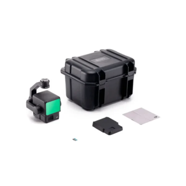 Complete kit view of the DJI Zenmuse L2 aerial LiDAR system, showing the sensor unit, rugged carrying case, lens cover, and accessories on a white background.