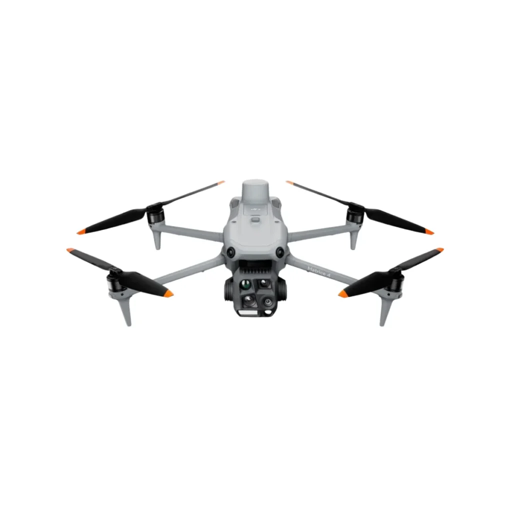 Complete flat-lay view of the Matrice 4E Enterprise drone Plus Bundle, showing the aircraft, battery station, remote controller, and rugged case included in the Worry-Free kit.