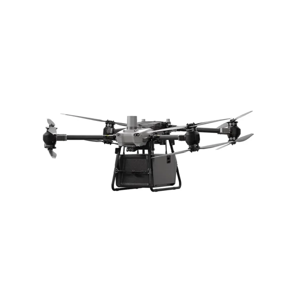 Studio view of the DJI FlyCart 30 heavy-lift delivery drone, featuring a multi-rotor design and underbelly cargo box for aerial logistics.