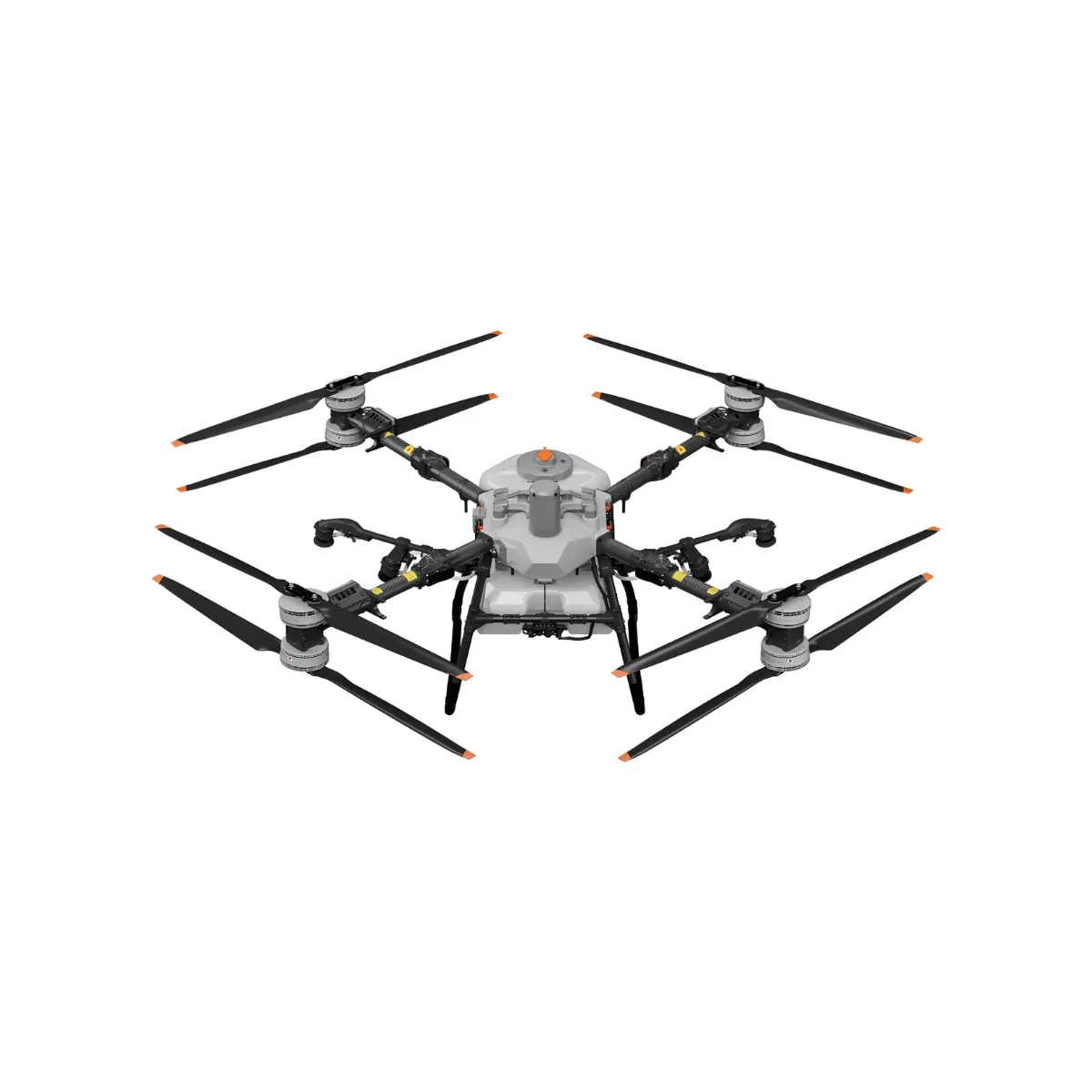 Studio view of the DJI Agras T100 agricultural drone, featuring a massive 100kg payload capacity and coaxial twin-rotor system for large-scale aerial application.