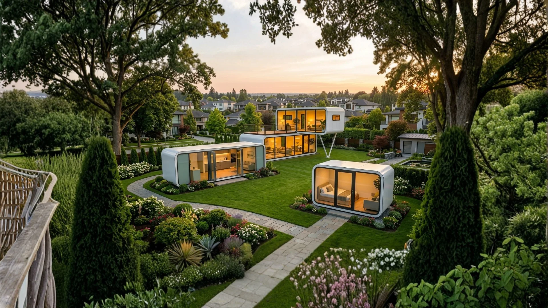 Modern portable cabins from the Apple Cabin series, featuring models One, Two, and Three, arranged in a lush landscaped backyard at sunset.