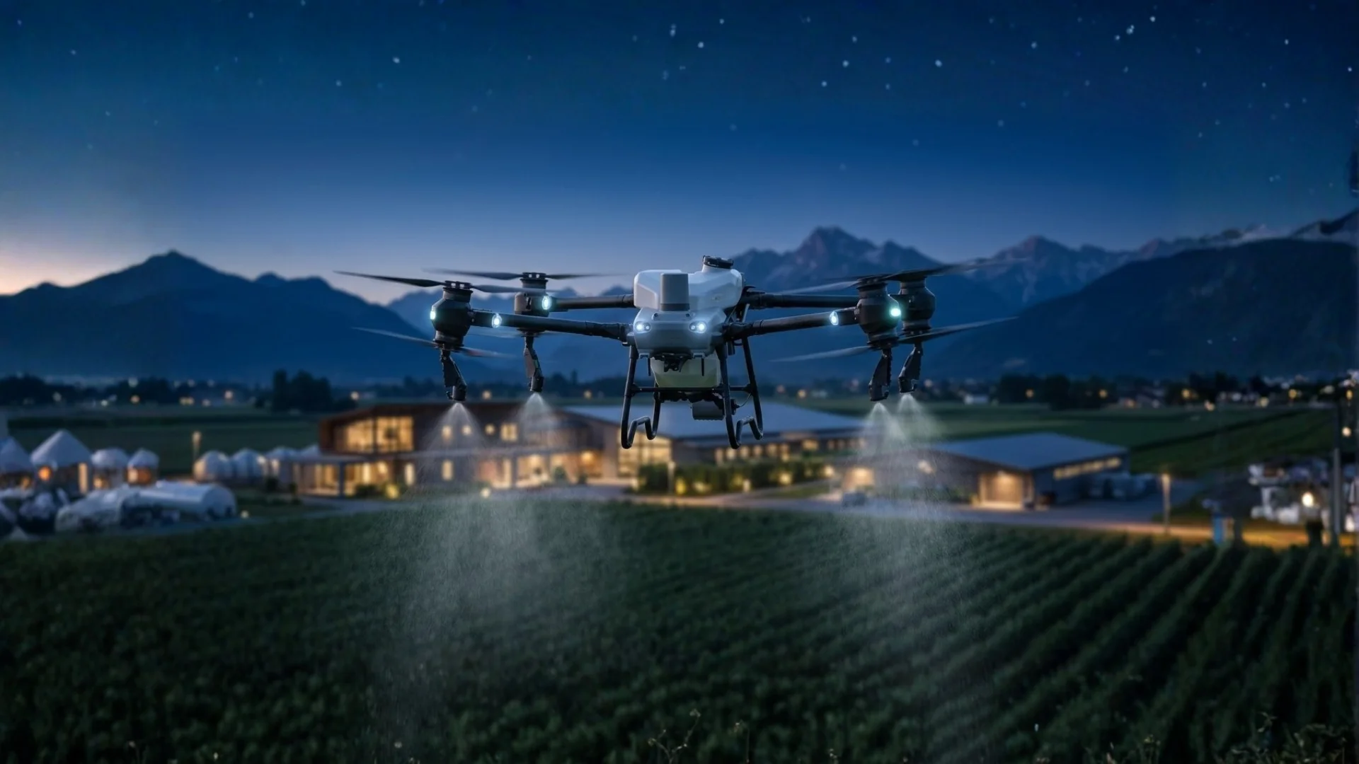 A DJI Agras T50 heavy-lift agricultural drone actively spraying a crop field at dusk, demonstrating advanced precision agriculture.