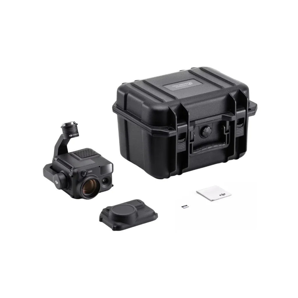 Studio shot of the DJI Zenmuse H30 multi-sensor payload kit, displaying the camera gimbal, rugged hard transport case, lens cover, and included accessories.