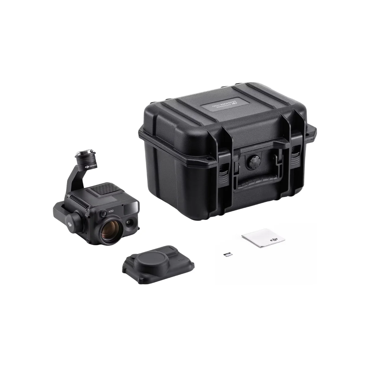 Studio shot of the DJI Zenmuse H30 multi-sensor payload kit, displaying the camera gimbal, rugged hard transport case, lens cover, and included accessories.