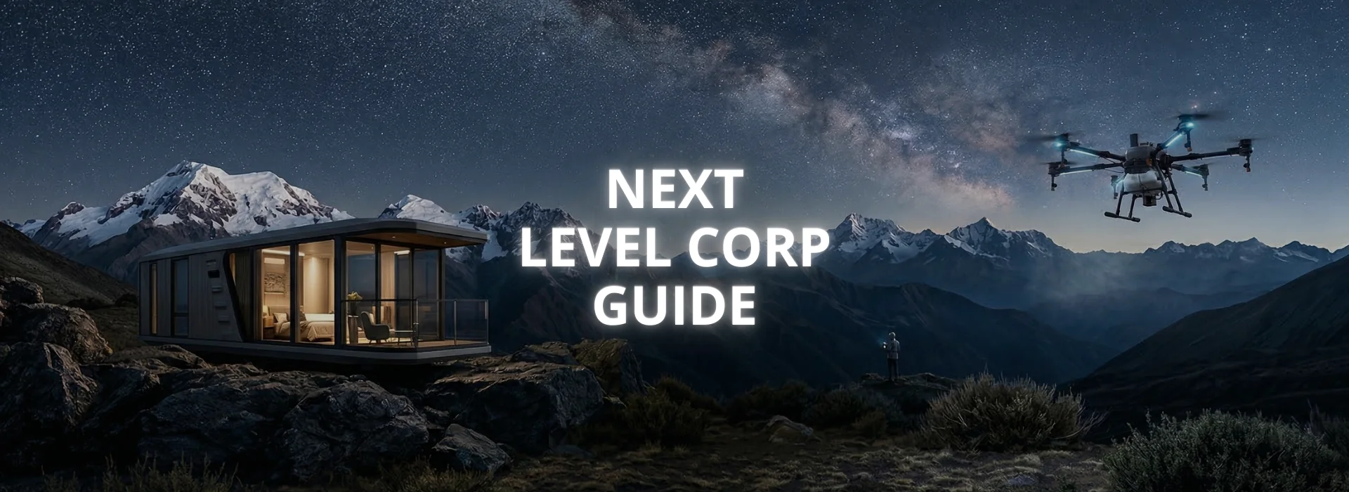 Cinematic night view of a Space Cabin K70 luxury prefab home and a professional DJI Agras agricultural drone in the high mountains for NextLevelCorp Guide.